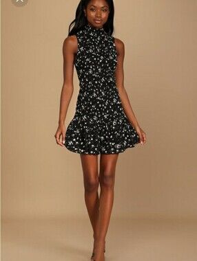 LULU'S BOUQUETS FOR YOU BLACK FLORAL SLEEVELESS HIGH NECK SMOCKED MINI DRESS